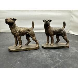 Antique 1929 PAL Cast Iron Airedale Fox Terrier Bookends PFT Foundry Mark Statue